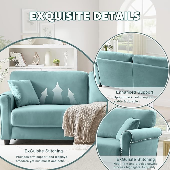 Modern Loveseat Sofa for Living RoomLove Seat with 2 SeaterVelvet Loveseat SofaSmall Couch for Living RoomBedroomOffice and Small Space(Light Blue)