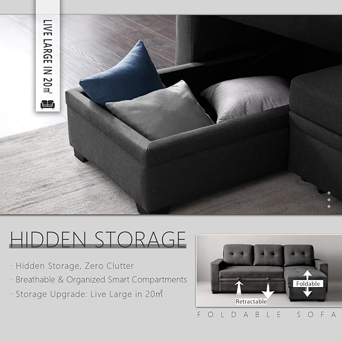 Dreamzie L Shaped Sectional Sleeper Sofa with Storage Chaise 3 Seater Pull Out Couch for Living Room Convertible Sofa Bed Couch for Apartment Office - Dark Grey | Linen