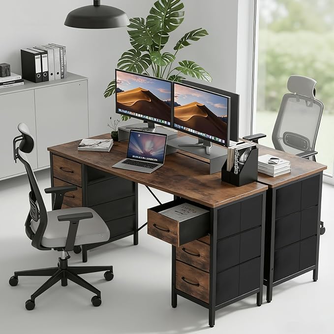 DUMOS 47 Inch Computer Desk with 8 Fabric Drawers Office Gaming Desk with Storage Writing Study Table with X-Shaped Reinforced Structure Rustic Brown