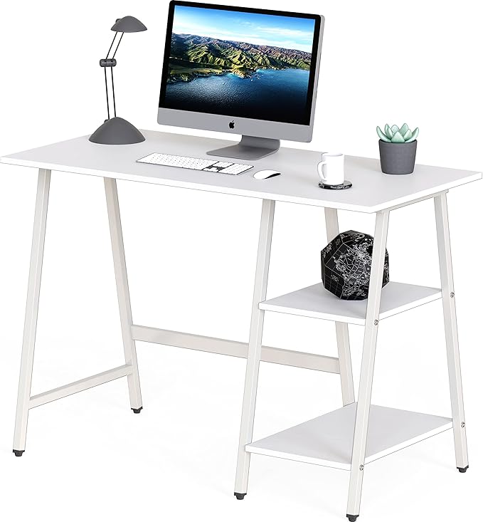 SHW 43-Inch Home Office Trestle Computer Desk with Open Storage Shelves White