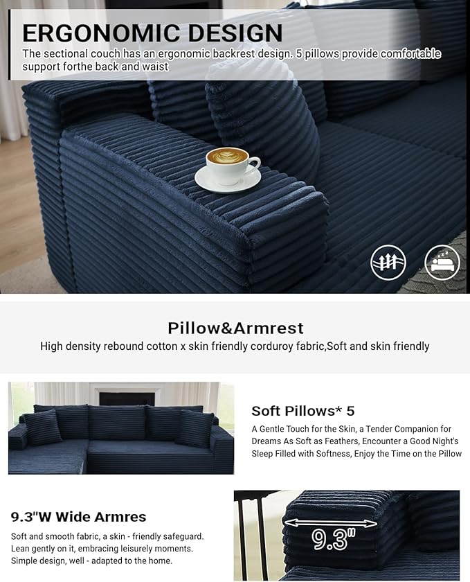 Cloud Sectional Couch 105 Inch Modular Sectional Sofa with Deep Seat Corduroy Boneless Couches with L-Shape Chaise for Living Room Bedroom Left Facing Chaise No Assembly Required (Blue)