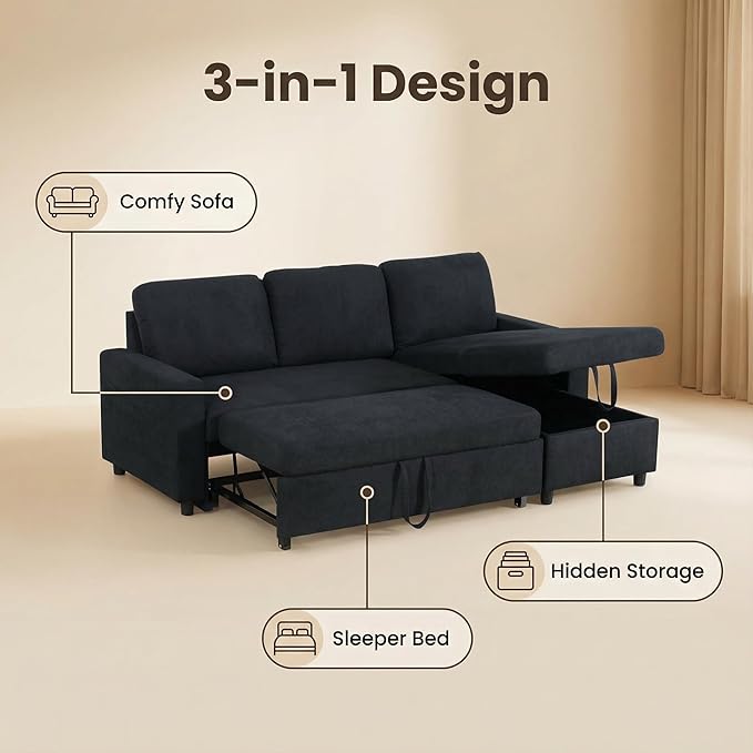 83 Inch L-Shape Sleeper Sofa with Pull Out Bed 3-in-1 Pull-Out Couch with Storage Chaise Sectional Convertible Couch for Living Room Apartment Black