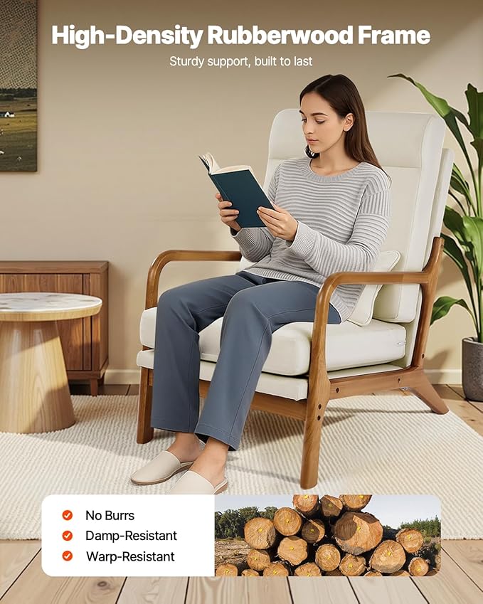 VEVOR Accent Chair High Back Mid Century Modern Armchair with Solid Wood Frame and Non-Slip Legs Upholstered Leisure Chair with Linen Fabric and 5.3 in Thickened Cushion for Living Room Bedroom