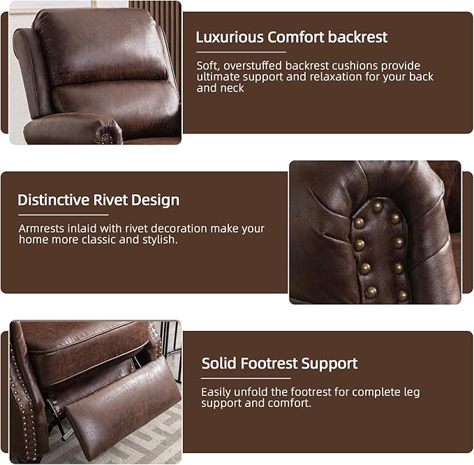 Push Back Recliner Chair Faux Leather Lounge Armchair with Rivet Decoration Wingback Single Sofa Chair with Padded Seat Solid Wood Legs for Living Room Comfy Upholstered Set of 2 Red Brown