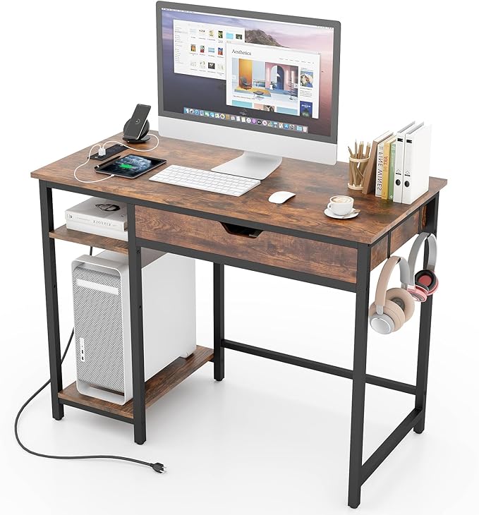 GOFLAME Computer Desk with Drawer Writing Desk with Power Outlets Storage Shelf Monitor Stand Gaming Desk Table Workstation for Home Office Bedroom Rustic Brown