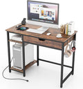 GOFLAME Computer Desk with Drawer Writing Desk with Power Outlets Storage Shelf Monitor Stand Gaming Desk Table Workstation for Home Office Bedroom Rustic Brown