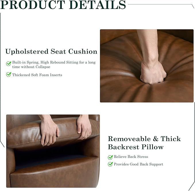 UIXE PU Leather Swivel Barrel Accent Chair Comfy Round Upholstered Armchair Reading Chair for Living Room Barrel Club Chairs Bedroom Brown