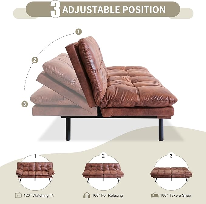 MUUEGM 71 Futon Couch Filled with Memory Foam Convertible Futon Sofa Bed with Adjustable Backrest Armrest Folding for Living Room Small Space Loveseat for Sleeper(Leather Brown)