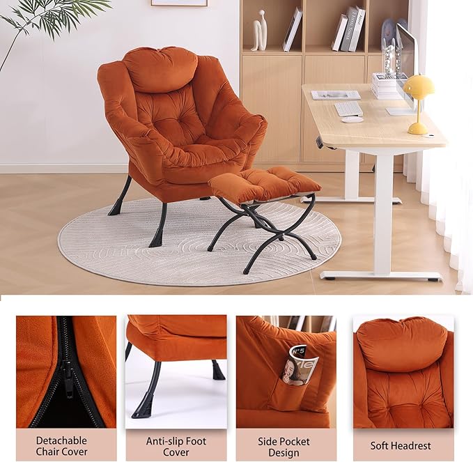 LITA Lazy Chair with Ottoman Modern Lounge Accent Chair with Armrests and a Side Pocket Leisure Upholstered Sofa Chairs Set Reading Chairs with Footrest for Small SpaceOrange