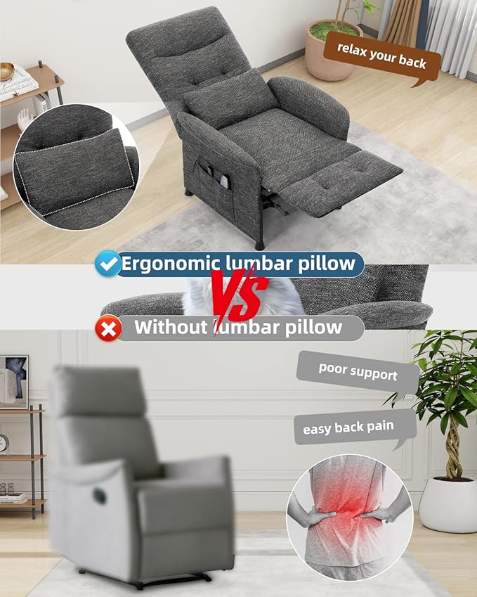 Recliner Chair for Adults Ergonomic Adjustable Lazy Recliner Sofa with Side Pocket Tall Back Wide Arms &amp Padded Seat Perfect for Living Room &amp Home Theater (Dark Gray)