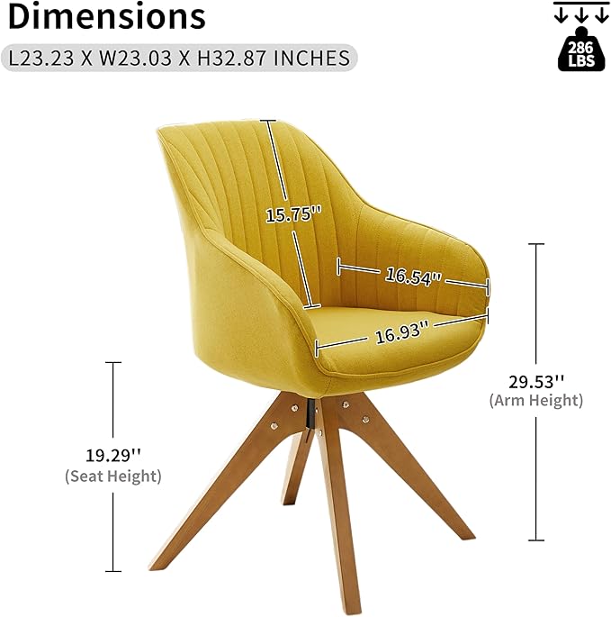 Art Leon Dining Chair Mid Century Modern Fabric Upholstered Swivel Dining Room Chair with Wood Legs Leisure Side Chair with Arms for Living Room Yellow