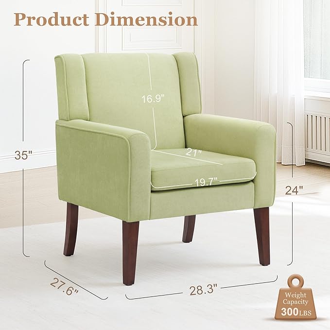 Accent Chairs for Living Room Mid-Century Reading Chair with Wood Legs Upholstered Comfy Living Room Chair for Bedroom Apartment Waiting Room Green