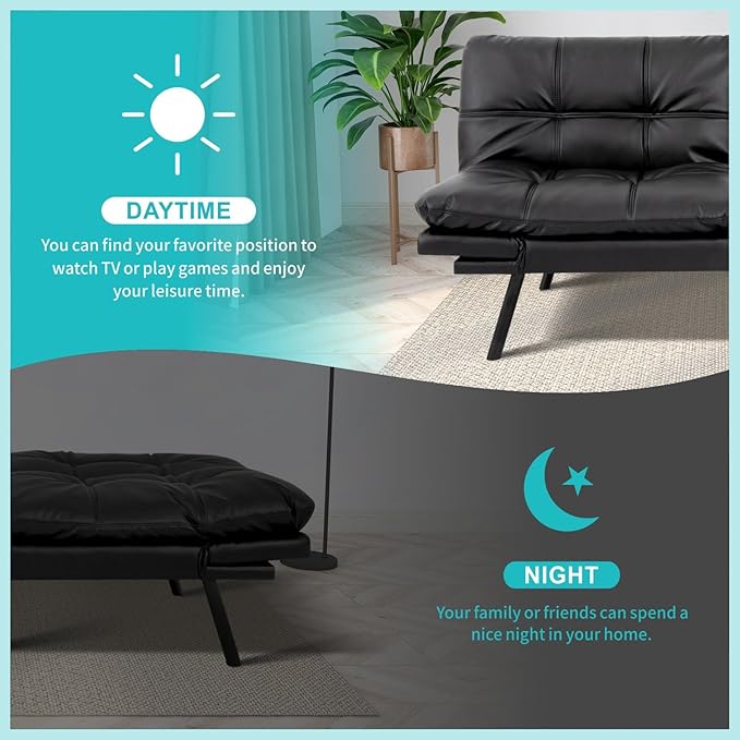 MUUEGM 71 Convertible Futon Sofa Bed Multi-Position Adjustable Back &amp Arms Space-Saving Comfortable Sleeper Couch Modern Loveseat for Urban Apartments &amp Offices – Matte Black