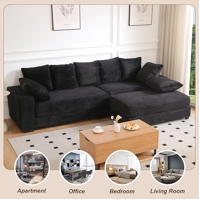 108 Oversized Sectional Sofa Modular Deep Seat Sofa Couch with Storage Ottoman Comfy Upholstered Cloud Couches Modern L-Shaped Corduroy Sofa Chaise with 8 Pillows for Living Room Apartment Black