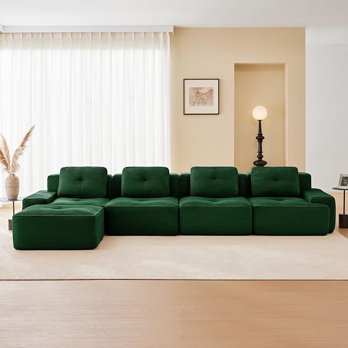 Boneless Couch Modular Sectional Sofa 153 Modern Cloud Couch with Deep Seat Comfy Corduroy L Shaped Sectional Couches for Living Room 4 Seater Tufted Floor Sofa with Movable Ottoman Green