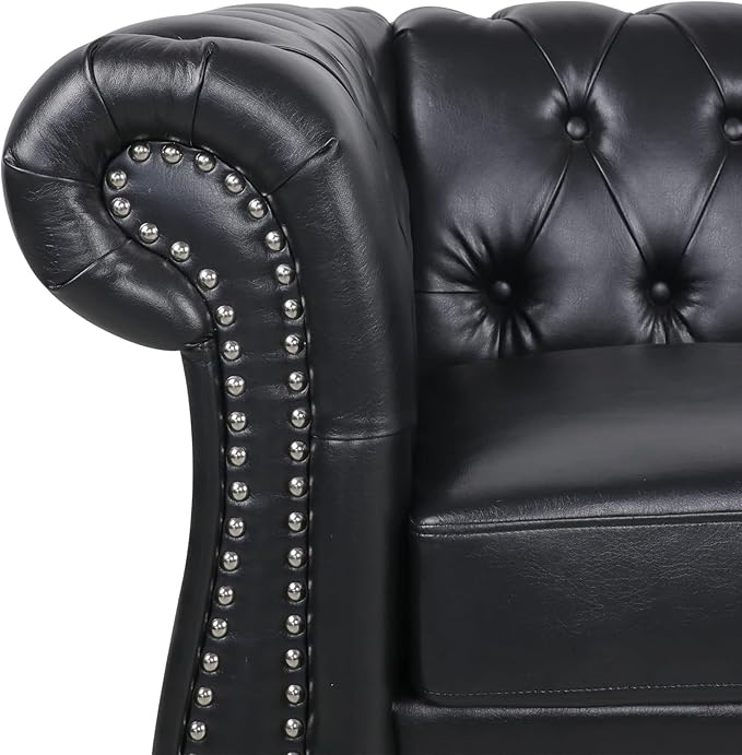 AVZEAR Chesterfield Leather Sofa 3 Seater Couch Mid-Century Large Sofa Roll Arm Classic Tufted Settee Modern PU Sofa with Channel Tufted Seat Back for Living Room Office Apartment PU Black