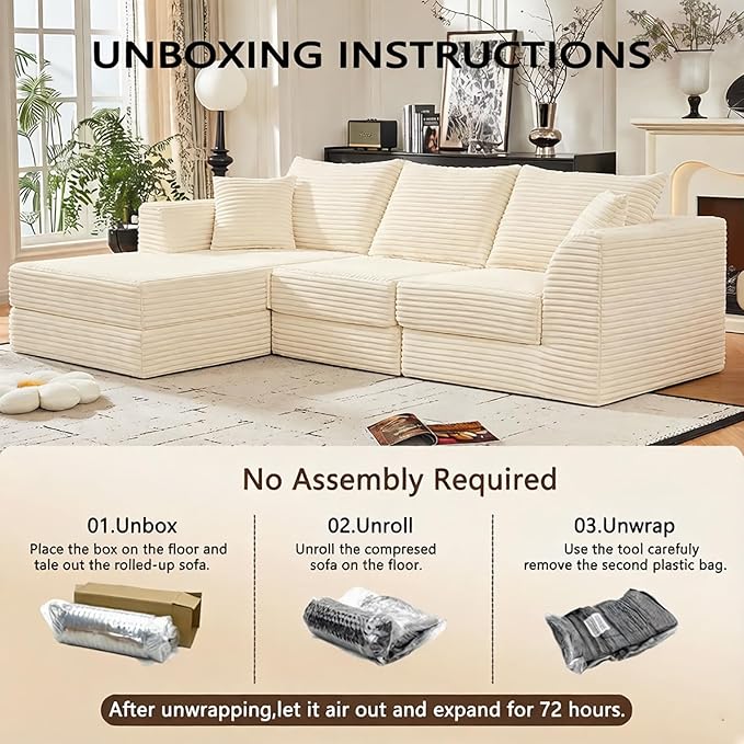 102 L-Shaped Modular Corduroy Cloud Sofa 3-Seater with Reversible Chaise Beige Memory Foam Cushion No Assembly Required