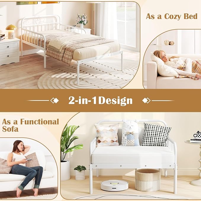 Giantex Metal Twin Bed Frame Convertible Sofa Bed with Headboard &amp Armrests Pull-Out Sleeper Chair Bed for Small Spaces Dorm Guest Apartment Suitable for Folding Sofa Mattress White