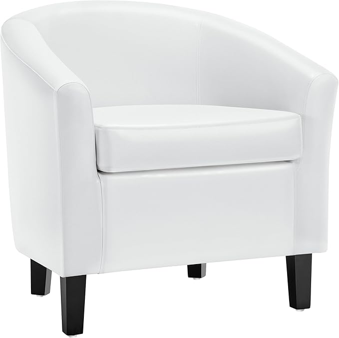 Yaheetech White Leather Chair Faux Leather Accent Chair Modern Barrel Chair Comfy Club Chair with Soft Padded and Solid Legs for Living Room Bedroom Reception Room White