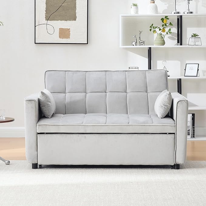 Velvet 3-in-1 Convertible Sofa Bed - USB Charging Port Adjustable Backrest Loveseat Sleeper for Small Space Apartment Versatile Futon Pull Out Couch for Living RoomGray