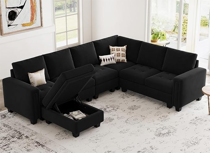 Belffin Modular Sectional Sofa Couch 7-Seater Convertible Sectional Sofa Velvet Modular Sectional with Storage Ottoman L Shaped Couch with Chaises Black