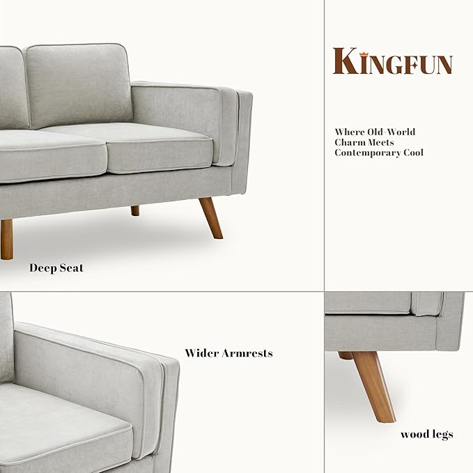 Kingfun Living Room Furniture Sets 3 Seater Couch and Armchair Mid Century Modern Sofa Set Chenille Couch with Solid Wood Frame for Living Room &amp Bedroom Khaki