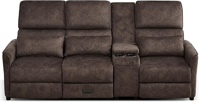 Reclining Loveseat Sofa 3 Seat Manual Recliner Couch with Flip Middle Backrest Console Wall Hugger Storage Drawer &amp Cup Holder for RV &amp Living Room Seating (Brown 3 seat &amp Console)