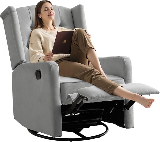 ABAKAN Swivel Rocker Recliner Chair 360 Degree Nursery Rocking Recliner Linen Glider Chair with Button Tufted Wingback Chair for Living Room Bedroom Gray