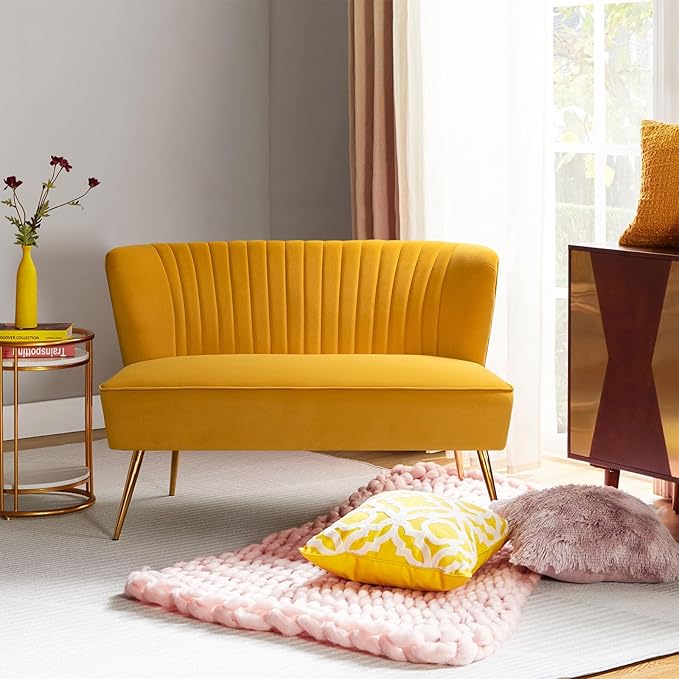 HULALA HOME Velvet Loveseat Sofa with Gold Legs Mid-Century Modern Upholstered Love seat Couch Tufted Small 2-Seat Sofa Armless for Living Room Bedroom Apartment Small Spaces Mustard