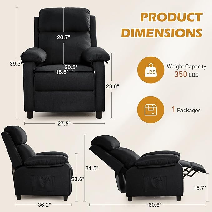 Recliner Chair Living Room Chairs for Adults Padded Deep Seat Reading Chair with Side Pockets Small Recliners for Small Spaces Lounge Chair for Living Room Bedroom and RV (Linen)