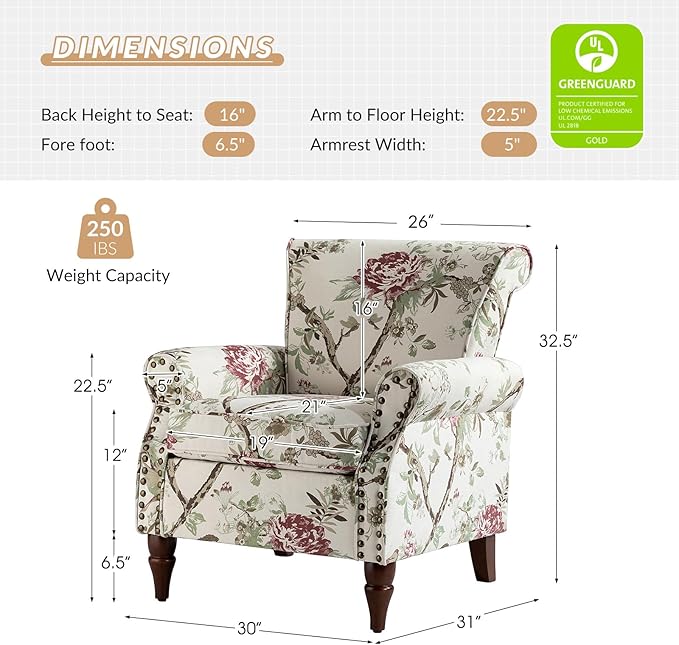 HULALA HOME Modern Wingback Accent Chair with Wood Legs &amp Removable Cushion Comfy Upholstered Armchair with Nailhead Trim Floral Pattern Sofa Chair for Bedroom Living Room Floral