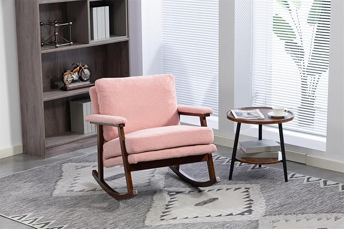 ZeHuoGe Mid Century Modern Accent Chair Rocking Chair with Wood Frame Upholstered Living Room Chairs Reading Armchair for Bedroom Sunroom (Light Pink)
