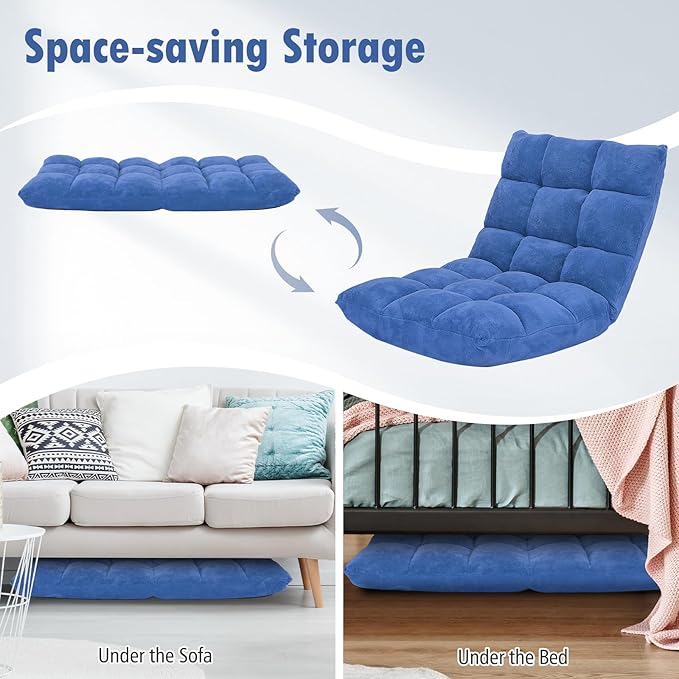 S AFSTAR Cushioned Floor Chair 14-Position Adjustable Padded Lazy Recliner with Comfortable Back Support and Skin-Friendly Cover Great for Reading Playing Game Meditating (Blue)