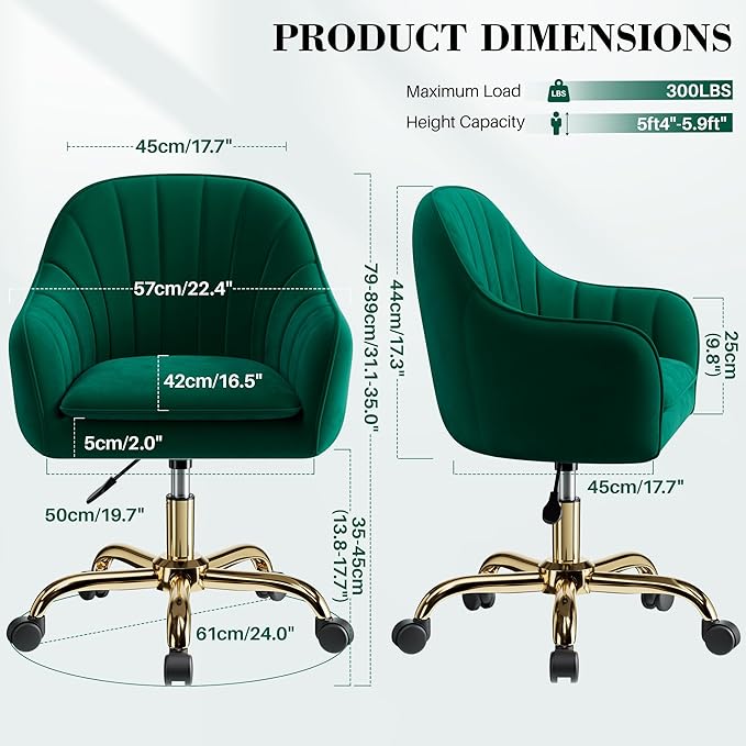 Vanity Chair with Wheels Comfy Home Office Desk Chairs Adjustable Modern Velvet Makeup Vanity Chairs for Bedroom Living Room-Green