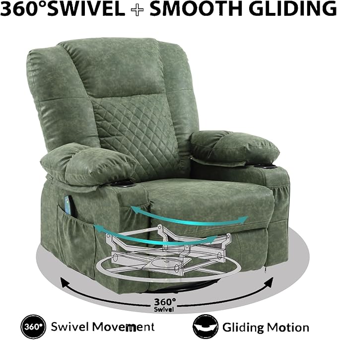 Faux Leather Swivel Rocker Recliner with Heat and Massage Cup Holders Overstuffed Rocking Glider Chair Heated Massaging Reclining Chair Green