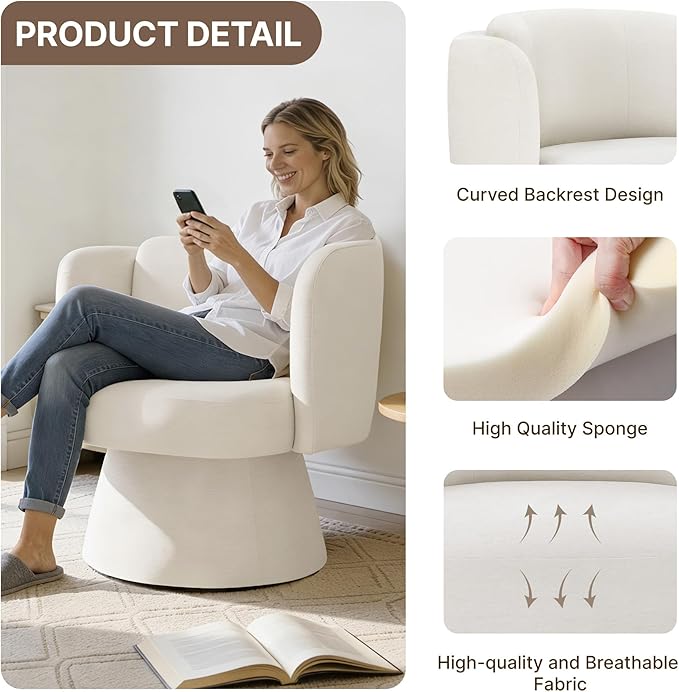 Swivel Barrel Chair360° Accent Chairs with Round BackrestUpholstered Lounge Chair for VanityLiving RoomBedroomReading NookLinen
