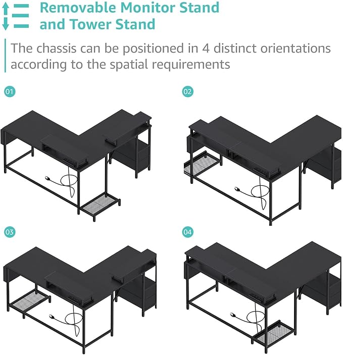 Lufeiya L Shaped Gaming Desk with Led Lights and Power Outlets 48 Inch Corner Home Office Desk with Monitor Stand Shelves Writing Study Computer Desks with Fabric Drawers for Bedroom Black