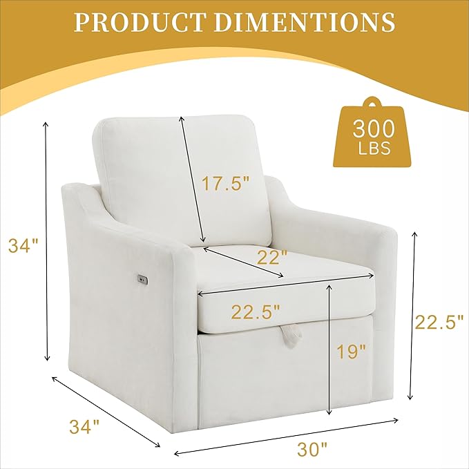Swivel Accent Chair 360° Swivel Comfy Upholstered Seat for Living Room Bedroom Office with Hidden Storage &amp Dual USB-C Ports Chenille Fabric 300lbs Capacity White