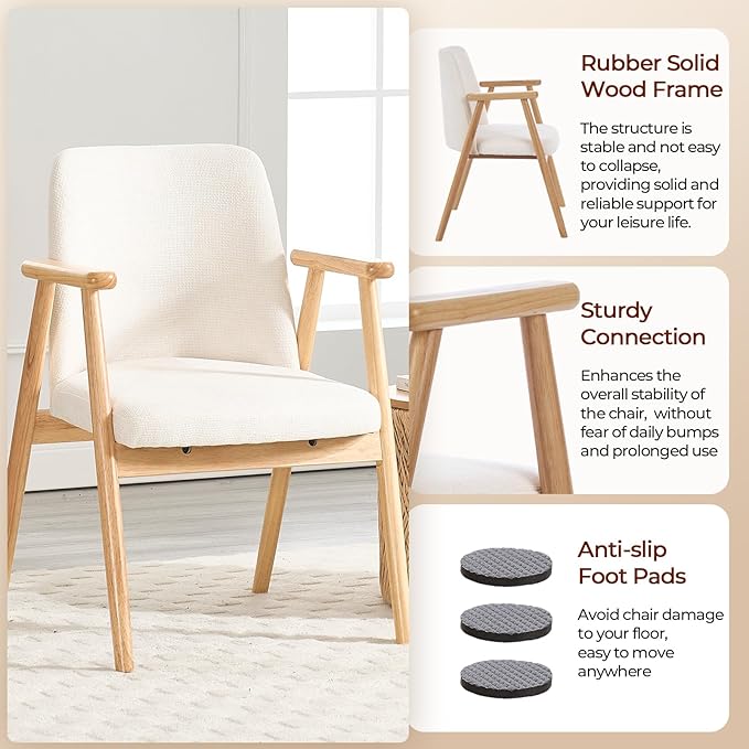 Accent Chair Mid Century Modern Armchair Comfy Reading Chair with Soft Seat &amp Solid Wood Legs for Living Room Office Bedroom Vanity (White)