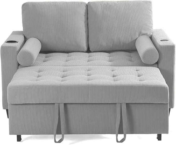 55 Convertible Sofa Bed Comfy Corduroy Sleeper Sofa with Pull-Out Bed 3-in-1 Loveseat Sleeper Sofa Bed with 3-Levels Adjustable Backrest Side Pocket Cup Holder USB for Living RoomLight Gray