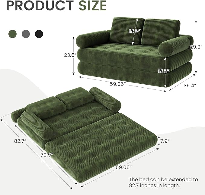 59 Convertible Sofa Bed 5-in-1 Folding Loveseat Sleeper Chair with Pillows Removable Armrests Fold Out Boneless Couch Futon Floor Mattress Lounge for Apartment Dorm Living Room - Green Full