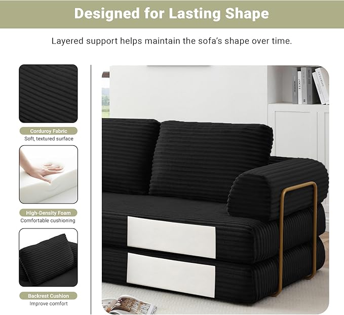 80 Convertible Sofa Bed Modern Corduroy Sleeper Sofa Folding Floor Couch with Golden Fixed-Shape Frame Black Boneless Loveseat Sofas Bed for Living Room Bedroom No Assembly Needed