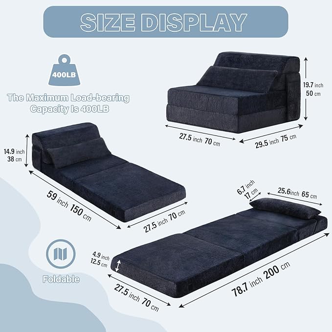 Tiita Convertible Folding Sofa Bed Single Size for Adults with Pillow Plush Fabric Floor Mattress Couch Bed Washable Cover &amp Side Pocket Guest Room Dorm Apartment Living Room Navy