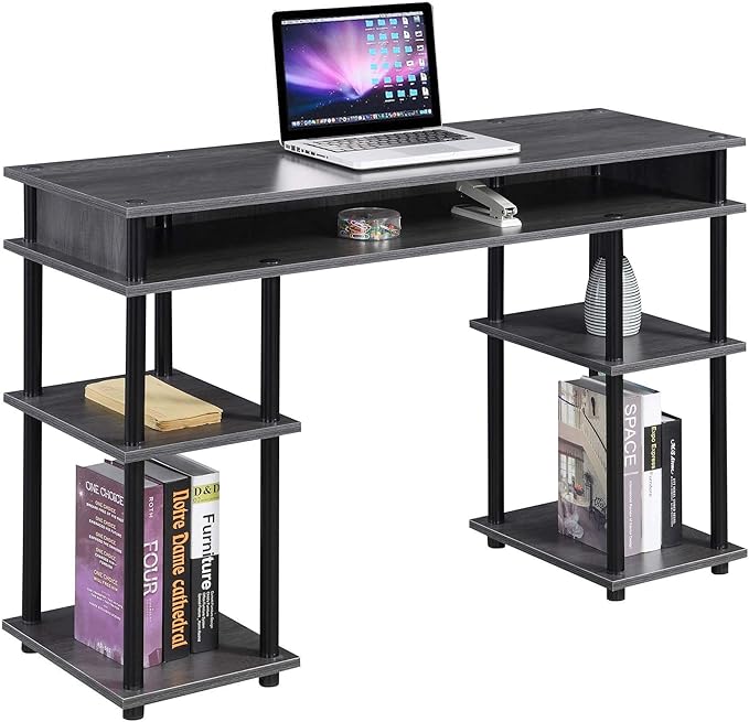 Convenience Concepts Designs2Go No Tools Desk Home Office Desk with Shelves Corner Shelf Vanity Desk Computer Desk Nail Table for Nail Tech - 47.25 L x 15.75 W x 30 H Charcoal Gray/Black