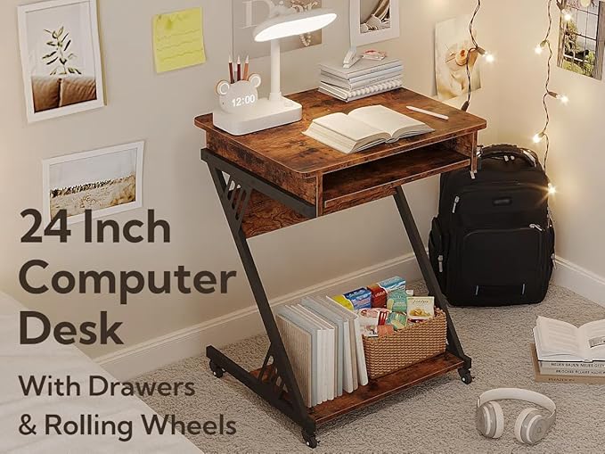 ALISENED 2 Tier Computer Desk with Keyboard Tray 23.6 Home Office Desk Computer Workstation Rolling Study PC Laptop Table for Small SpacesZ-Shaped Small Compact Study Table