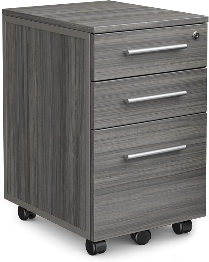 NBF Office Files Pedestal Cabinet - 3 Drawer File Cabinet with Lock - Laminate Office Filing Cabinets - Modern Mobile File Cabinet Document Storage (26 H Warm Ash)