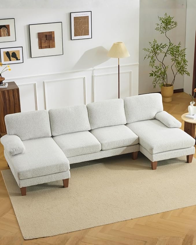 Karl home 110 U-Shape Sectional Couches for Living Room Chenille Upholstery 4 Seat Sofa Set with Double Chaises &amp Wood Grain Legs for Apartment White