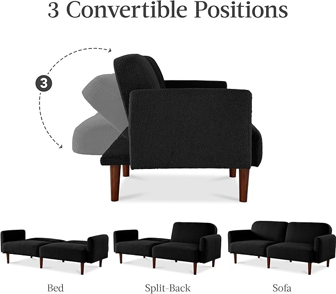 Best Choice Products 77 Mid Century Modern Boucle Loveseat Sofa Couch Convertible Sofa Sleeper Bed w/Real Wood Removable Armrest - Midnight Black
