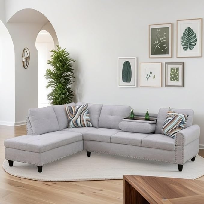 FONTOI L Shaped Sectional Couch Sofa Modern Nail-Head Design Sectional Sofa for Living Room 4 Seat L Couch with Storage Ottoman &amp Cup Holder for Bedroom Apartment Grey