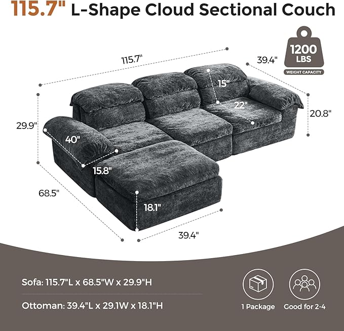 115.7 L Shaped Modular Sectional Sofa with Ottoman Cloud Boneless Couch Upholstered Sofa in a Box Flexible Module Combination for Living Room No Assembly Grey